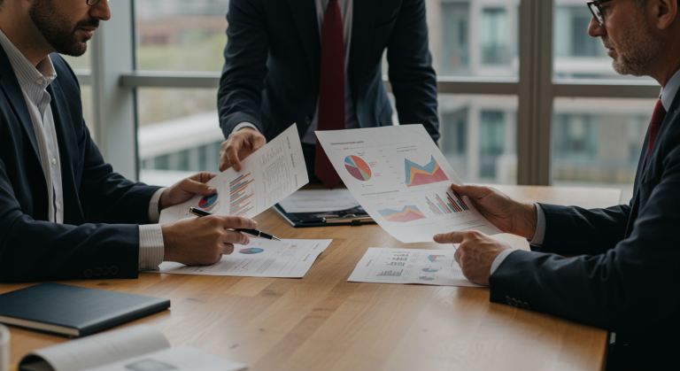 Equipo directivo revisando documentación de valoración estratégica